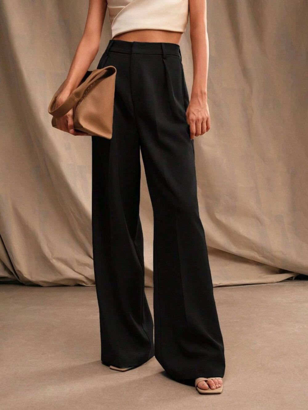 Black High Waisted Tailored Pleated Front Wide Leg Stretch Trousers